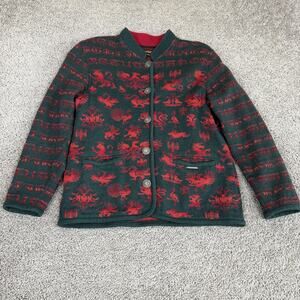 Geiger Cardigan Sweater Womens 36 Green Red Wool Animal Print Austria Knit